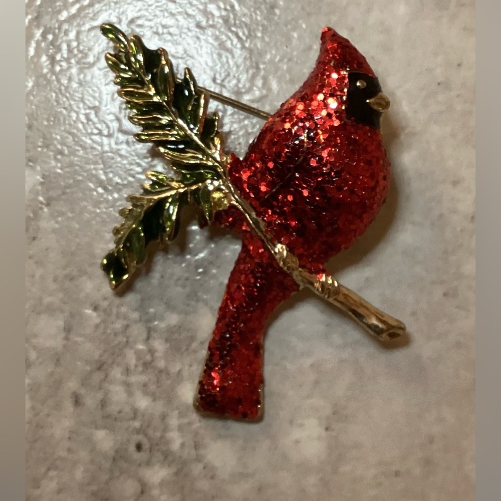 Red Glitter Cardinal Bird Brooch